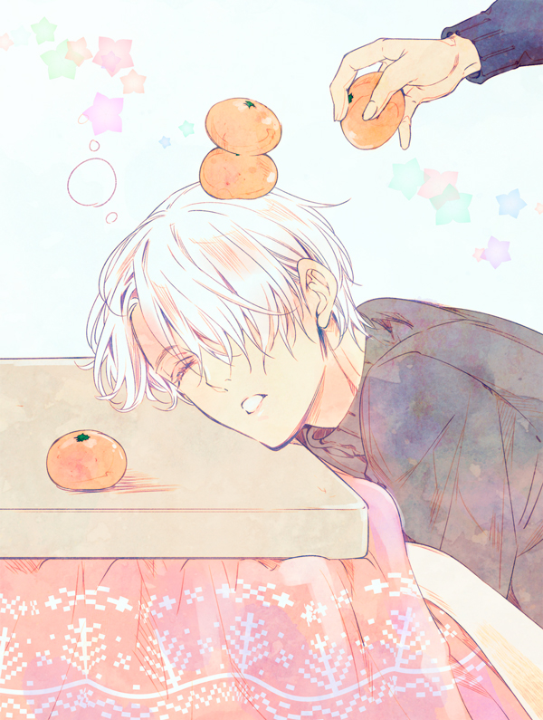 1boy, closed_eyes, etou_kira, food, food_on_head, fruit, fruit_on_head, hair_over_one_eye, kotatsu, male_focus, object_on_head, orange, silver_hair, sleeping, solo_focus, star, sweater, table, viktor_nikiforov, yuri!!!_on_ice
