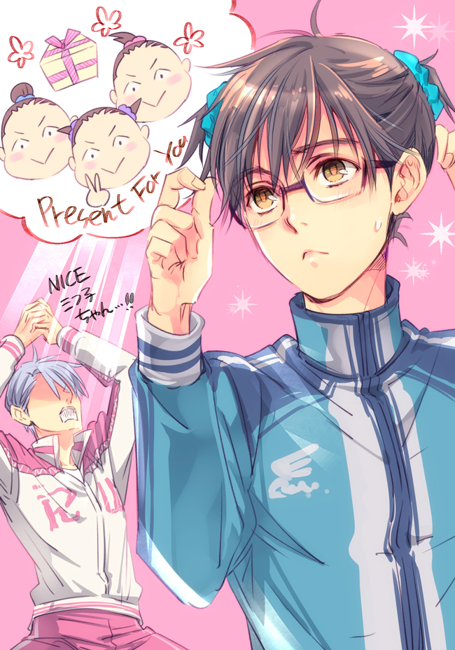 2boys, 3girls, :>, alternate_hairstyle, black_hair, brown_eyes, brown_hair, english