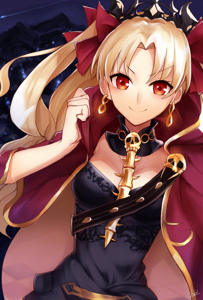 1girl, aruti, bangs, between_breasts, black_dress, blonde_hair, bow, breasts
