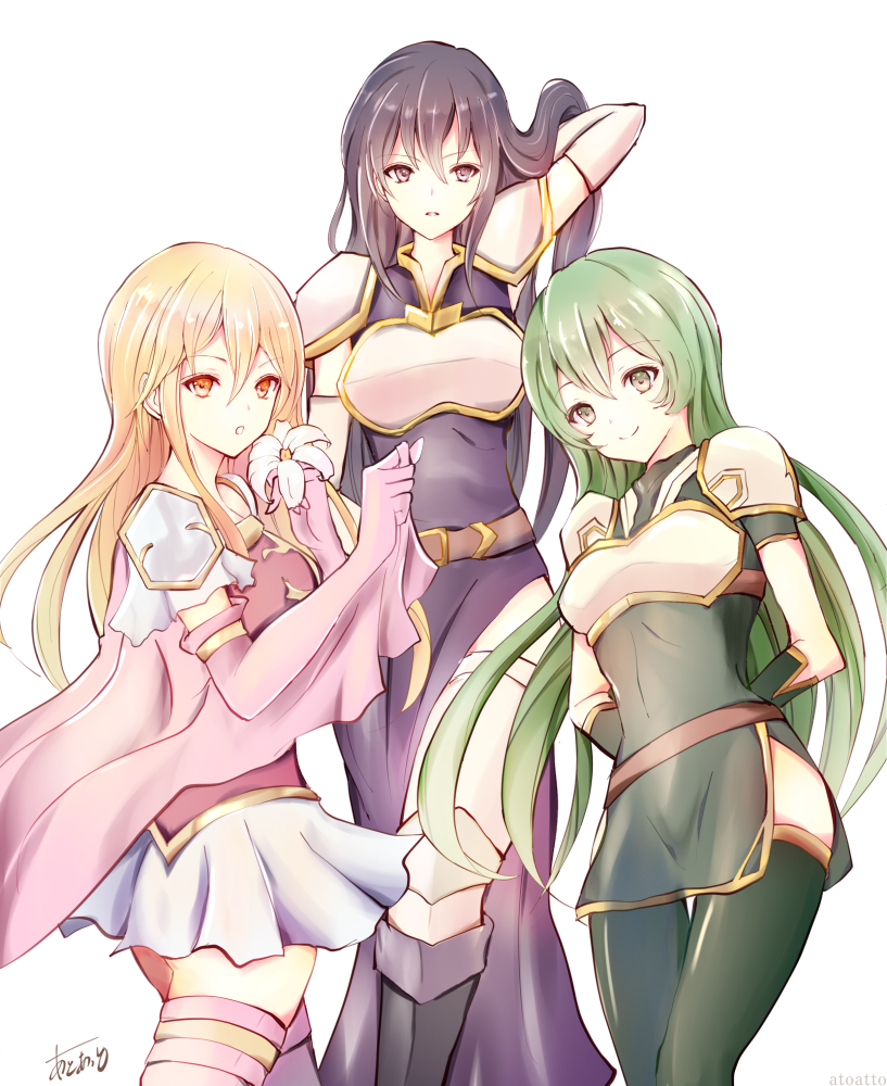 3girls, aira_(fire_emblem), armor, arms_behind_back, atoatto, belt, black_eyes, black_hair