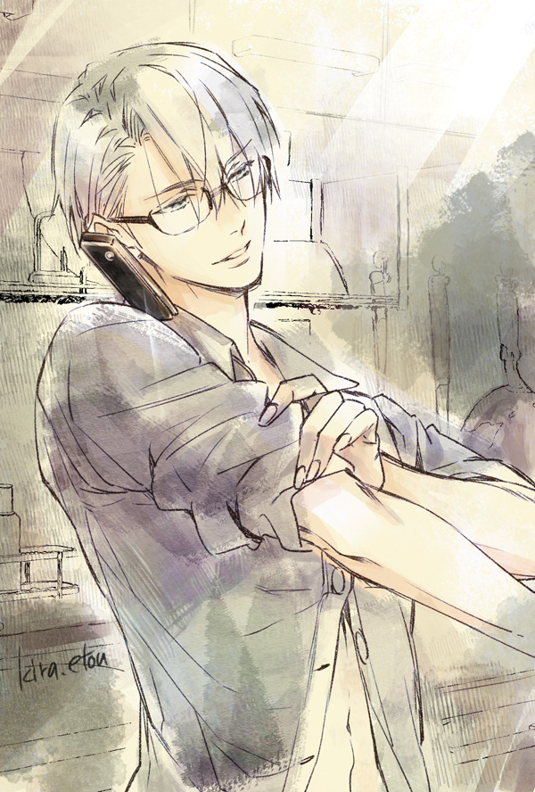 1boy, artist_name, bespectacled, blue_eyes, cellphone, collared_shirt, etou_kira, glasses