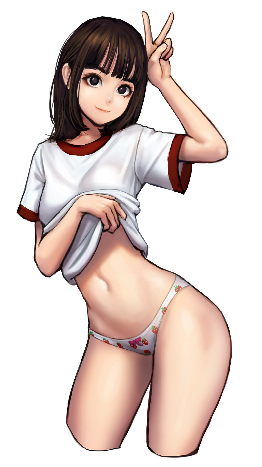 1girl, arm_up, bangs, black_eyes, blunt_bangs, closed_mouth, contrapposto, cropped_legs
