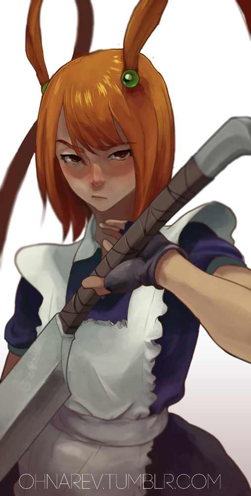 1girl, apron, fingerless_gloves, flat_chest, gloves, holding, holding_weapon, looking_at_viewer