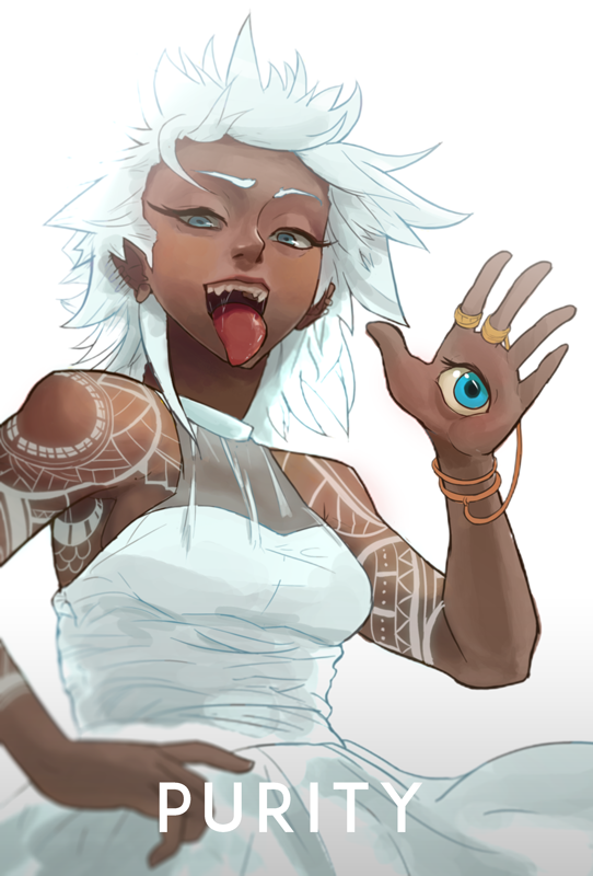 1girl, :p, arm_tattoo, blue_eyes, breasts, character_name, commentary, dark_skin