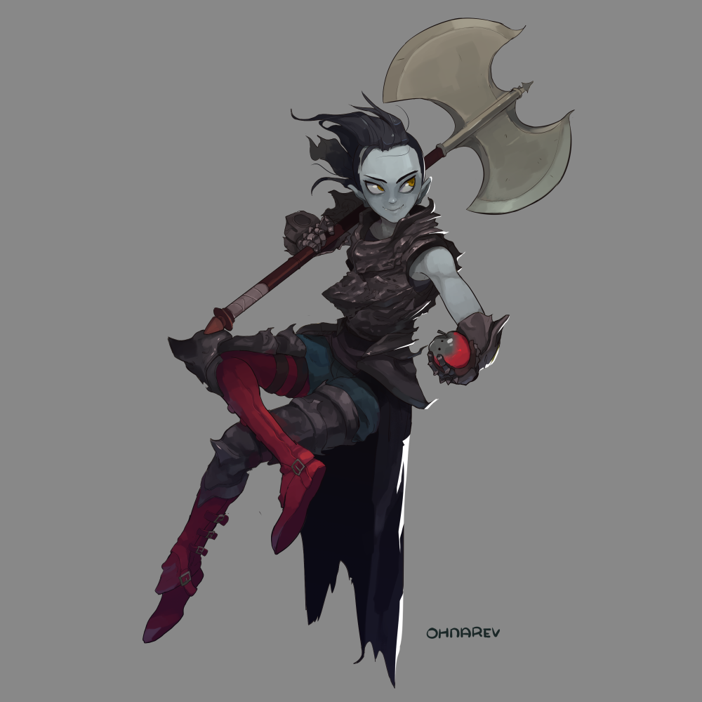 1girl, adventure_time, alternate_costume, alternate_hairstyle, apple, armor, axe, battle_axe