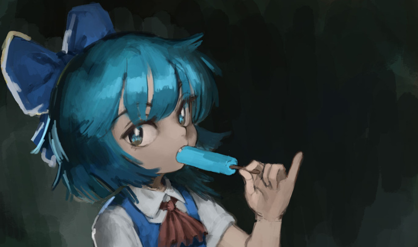 1girl, blue_dress, blue_eyes, blue_hair, bow, cirno, dress, flat_chest