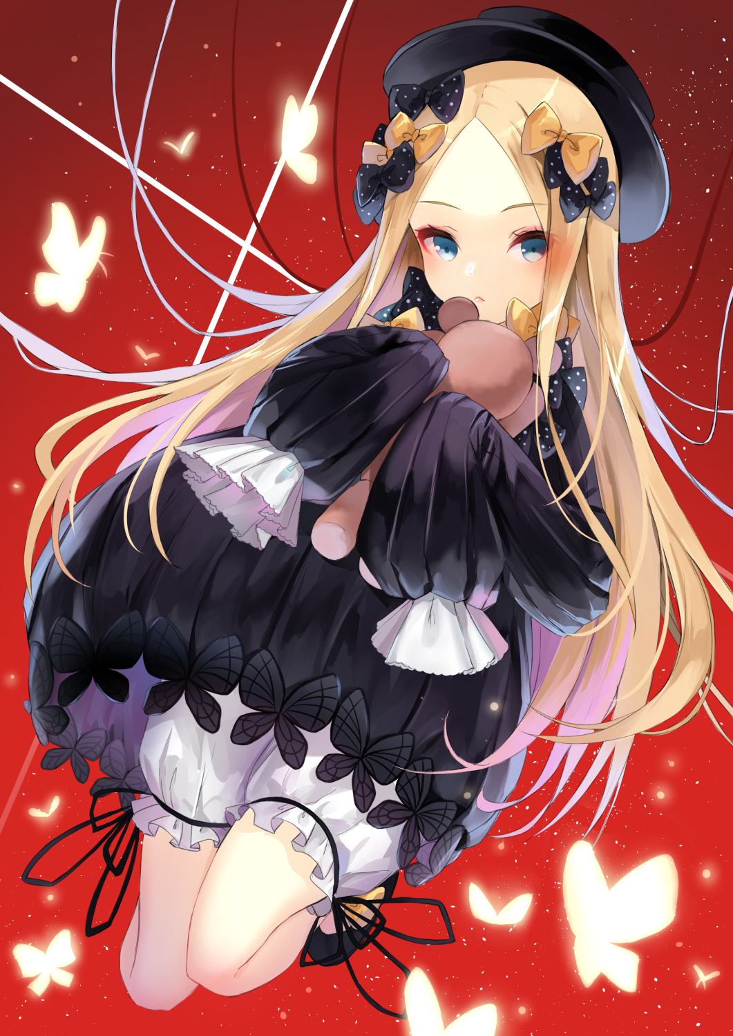 1girl, :<, abigail_williams_(fate/grand_order), bangs, black_bow, black_dress, black_footwear, black_hat