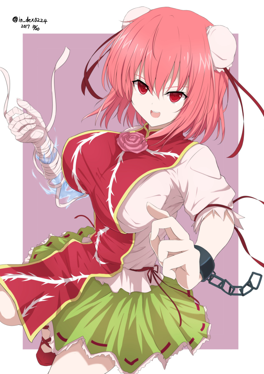 1girl, :d, absurdres, bandage, bandaged_arm, bangs, breasts, bun_cover