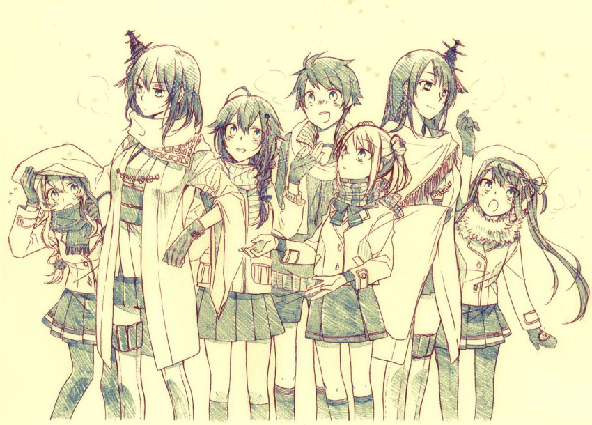 6+girls, ahoge, alternate_costume, alternate_eye_color, arm_warmers, asagumo_(kantai_collection), blue_eyes, blush