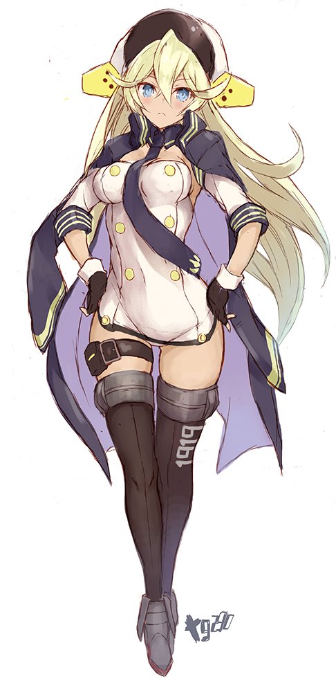 artist_name, azur_lane, black_gloves, black_legwear, blonde_hair, blue_eyes, boots, breasts