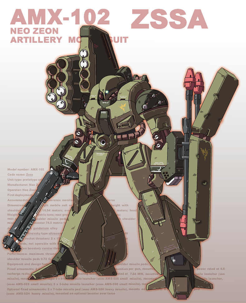character_name, clenched_hands, glowing, glowing_eyes, grey_background, gun, gundam, gundam_unicorn, joy_(cyber_x_heaven), mecha, missile, missile_pod, neo_zeon, no_humans, panzerfaust, rocket_launcher, shield, shotgun, solo, text, thrusters, weapon, zssa