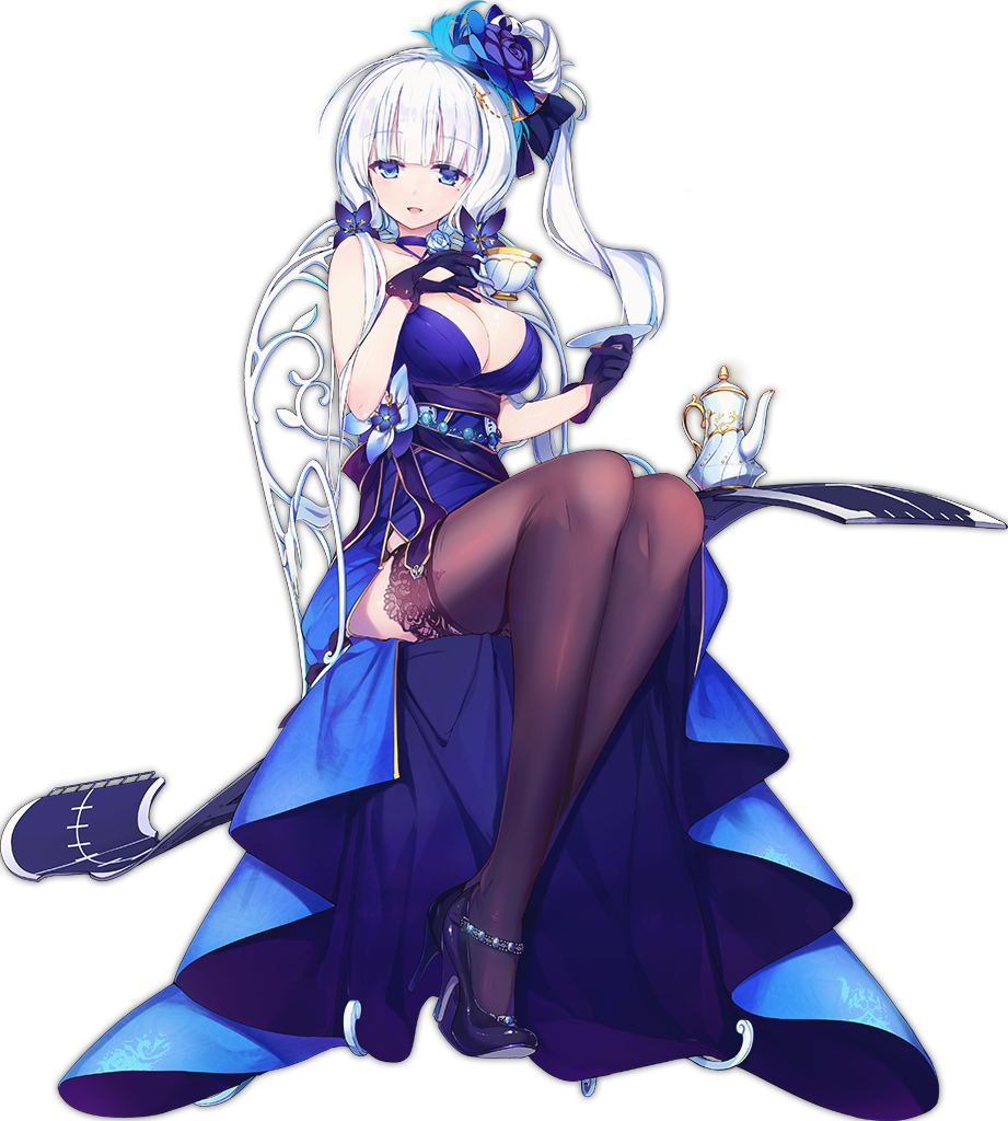 1girl, azur_lane, black_legwear, blue_eyes, breasts, chair, cleavage, cup