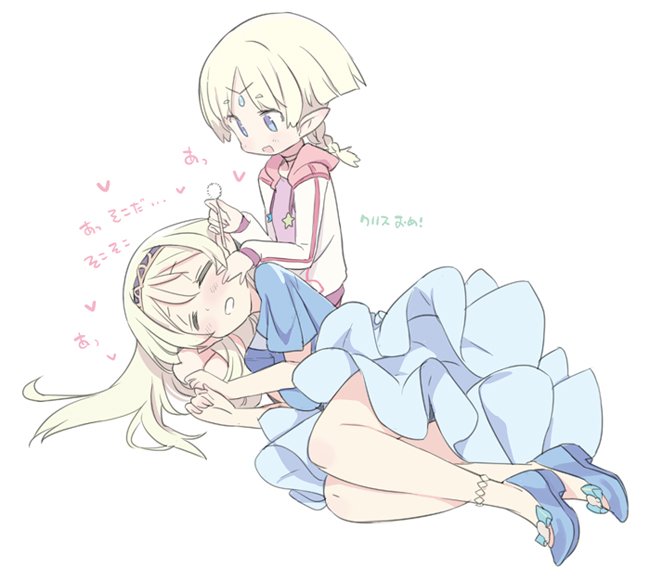 2girls, =_=, blade_(galaxist), blonde_hair, blue_eyes, blue_skirt, blush, braid