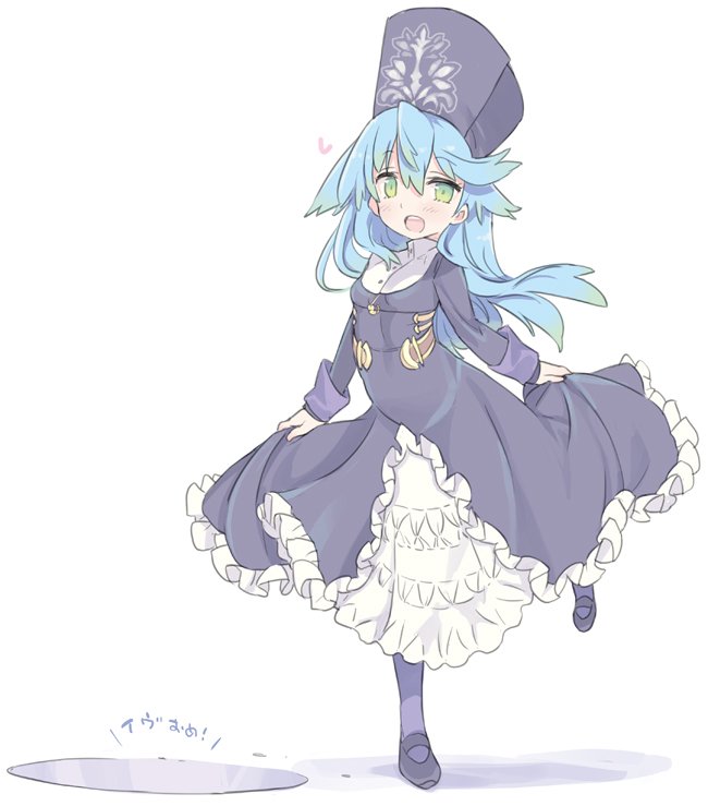 1girl, blade_(galaxist), blue_hair, blush, commentary, commentary_request, dress, eve_ainsworth, green_eyes, hat, long_hair, looking_at_viewer, mitre, pop-up_story, solo
