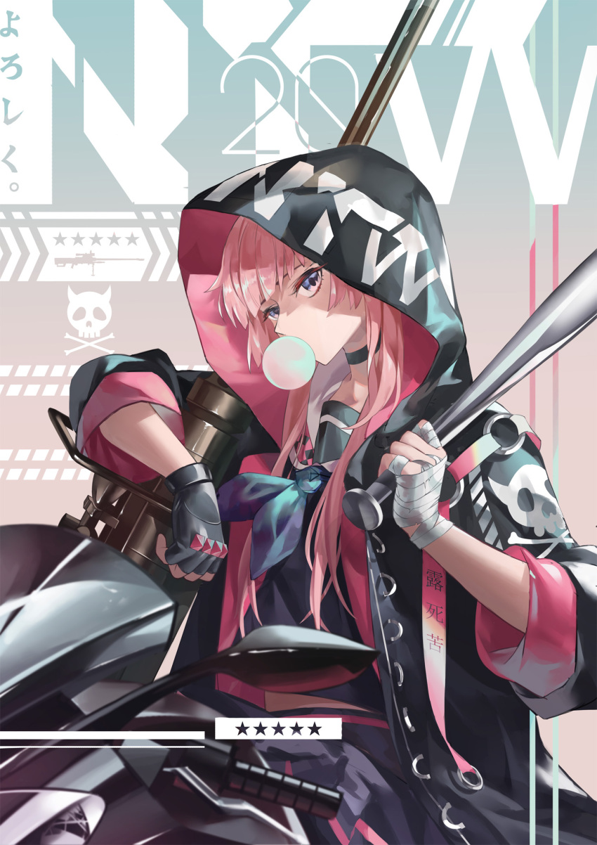 1girl, alternate_costume, anti-materiel_rifle, bandage, bangs, baseball_bat, black_gloves, blue_neckwear