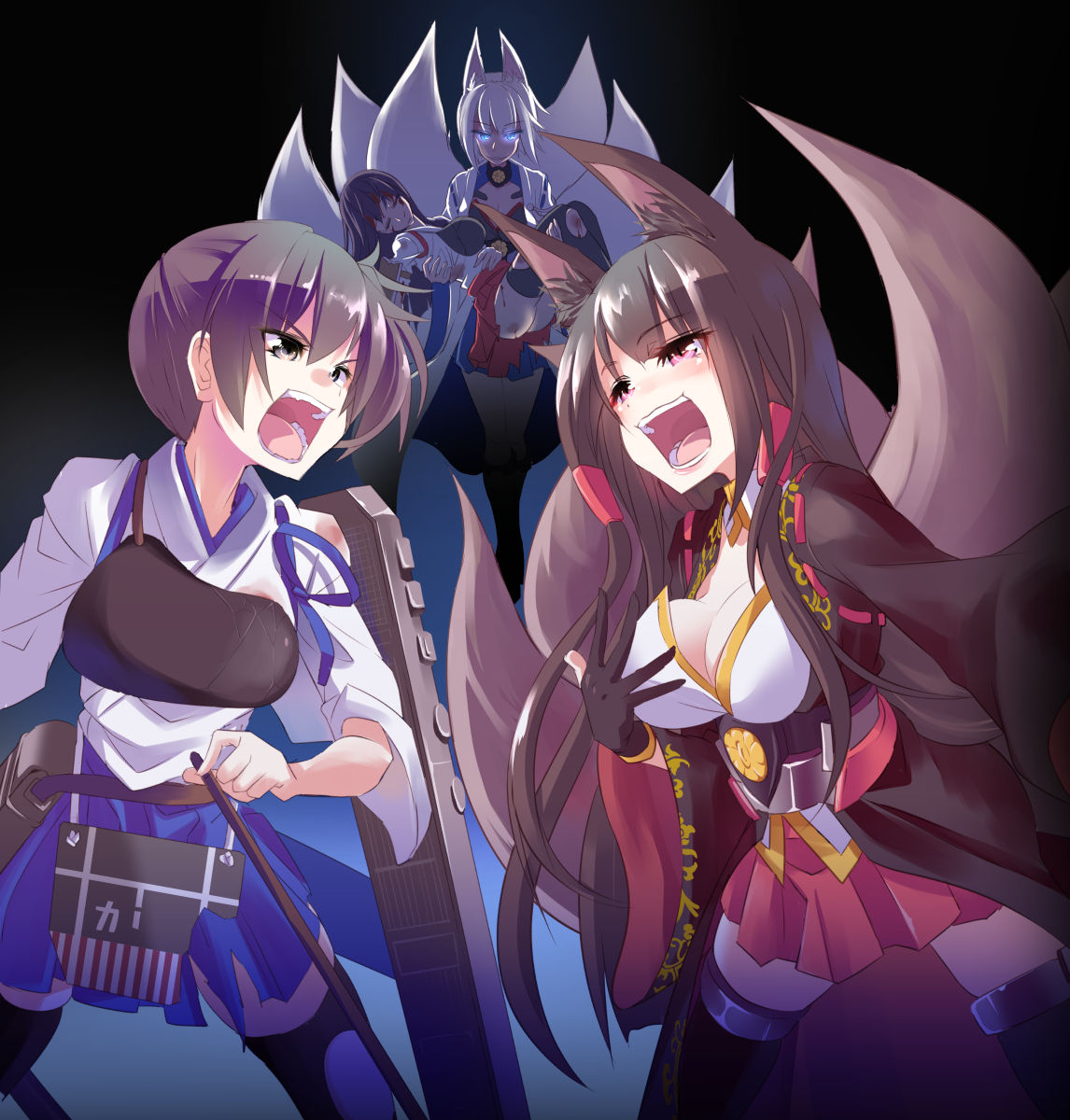 4girls, akagi_(azur_lane), akagi_(kantai_collection), animal_ears, apron, ass, azur_lane, black_background, black_hair, black_legwear, blue_eyes, blue_skirt, bow_(weapon), breasts, brown_eyes, carrying, cleavage, closed_eyes, commentary_request, crossover, eyebrows_visible_through_hair, flight_deck, fox_ears, fox_tail, highres, holding, holding_bow_(weapon), holding_weapon, kaga_(azur_lane), kaga_(kantai_collection), kantai_collection, kazekawa_nagi, large_breasts, long_hair, multiple_girls, multiple_tails, muneate, open_mouth, red_skirt, short_hair, side_ponytail, skirt, straight_hair, tail, tasuki, thigh-highs, torn_clothes, torn_skirt, torn_thighhighs, weapon, white_hair