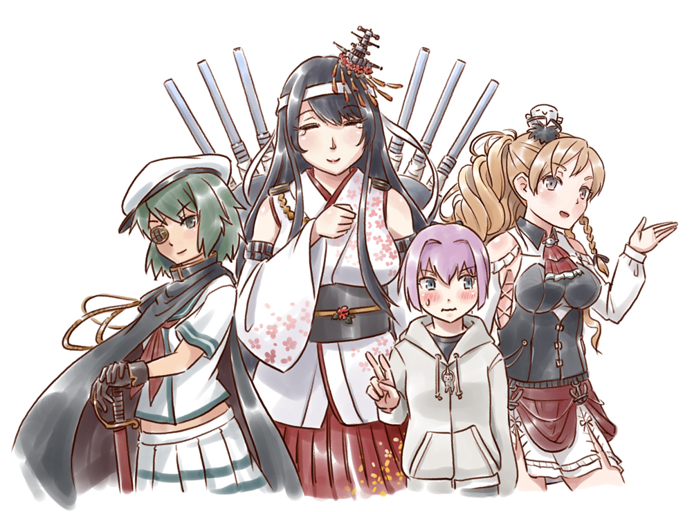4girls, anchor, ascot, bare_shoulders, black_cape, black_gloves, black_hair, black_shirt