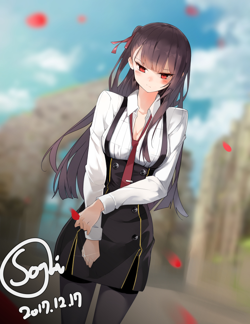 1girl, arm_across_waist, arm_at_side, bangs, black_dress, blunt_bangs, blurry, blush