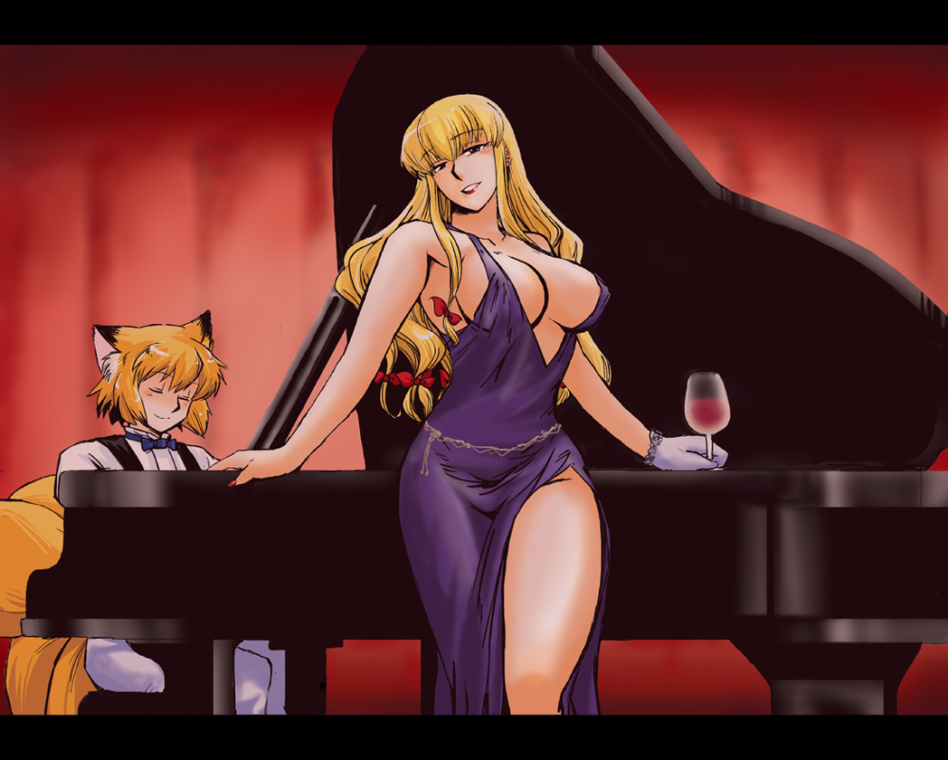 animal_ears, azuki_osamitsu, blonde_hair, breasts, cleavage, contemporary, cup, curvy, dress, drink, evening_dress, evening_gown, formal, fox_ears, fox_tail, gloves, grand_piano, impossible_clothes, impossible_dress, instrument, large_breasts, lipstick, long_hair, no_hat, no_headwear, one_glove, piano, shouzu_choukou, side_slit, single_glove, smile, tail, touhou, wine, wine_glass, yakumo_ran, yakumo_yukari