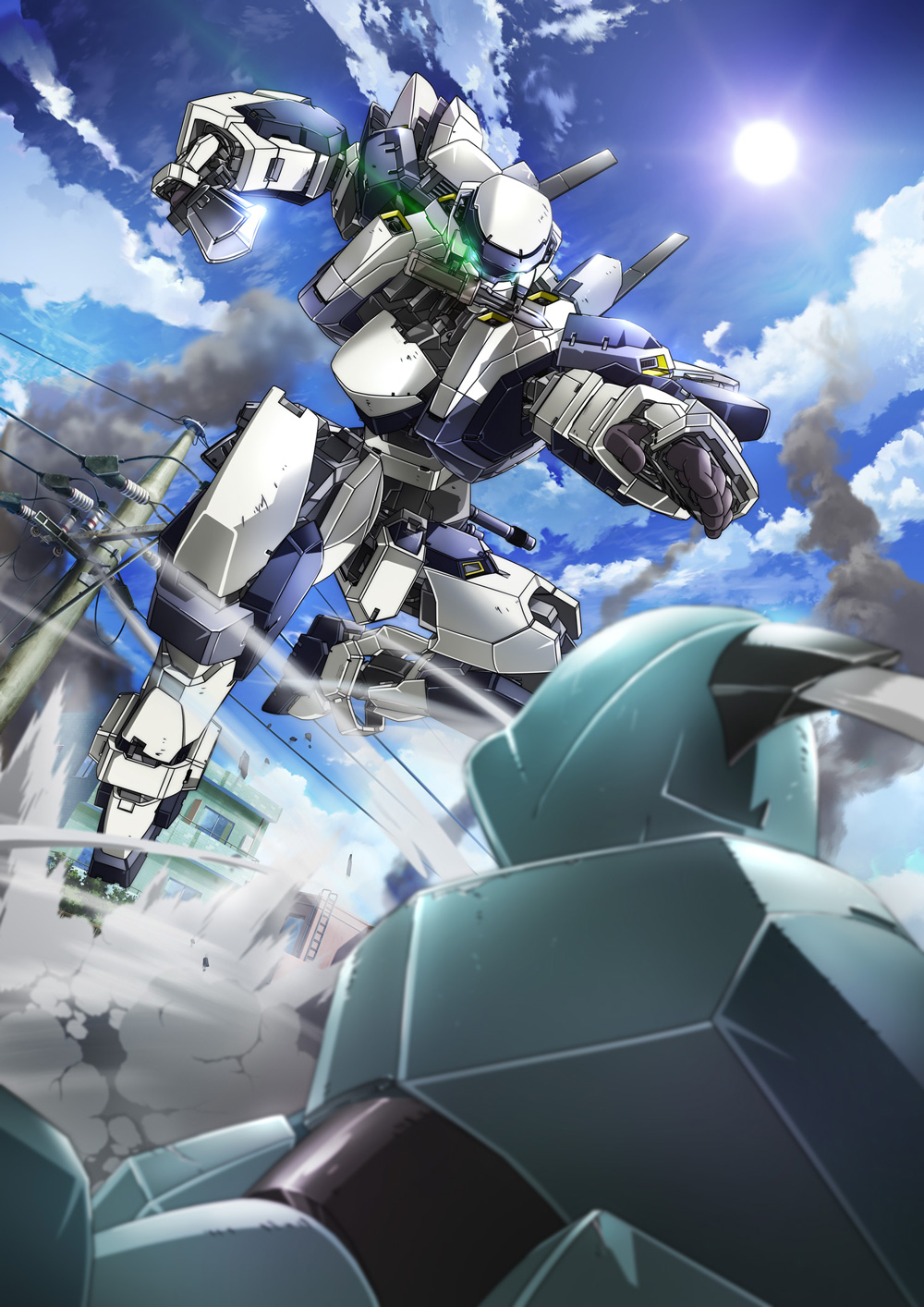 arbalest, arm_slave_(mecha), building, dust, full_metal_panic!, glowing, glowing_eyes, highres