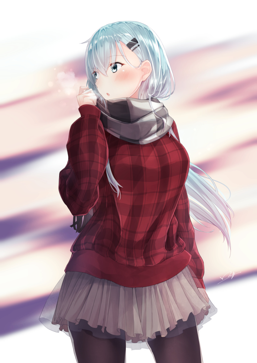 1girl, alternate_costume, aqua_eyes, aqua_hair, arm_at_side, arm_up, black_legwear, blurry