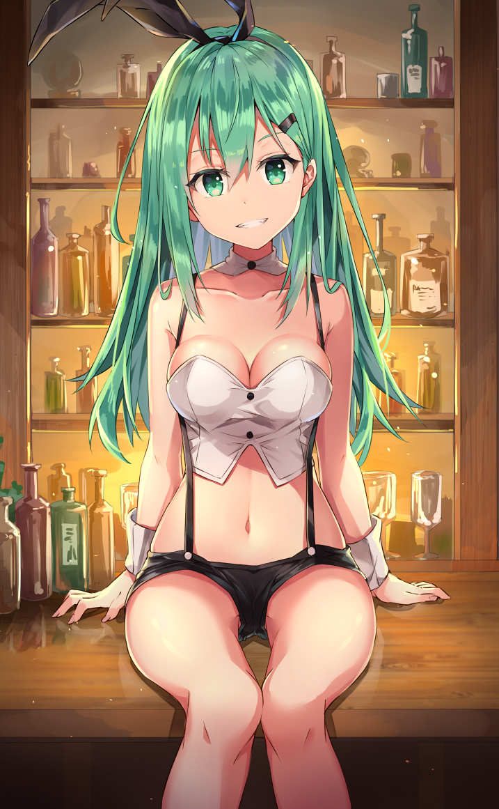 1girl, alternate_costume, animal_ears, aqua_eyes, aqua_hair, arms_at_sides, bangs, bar