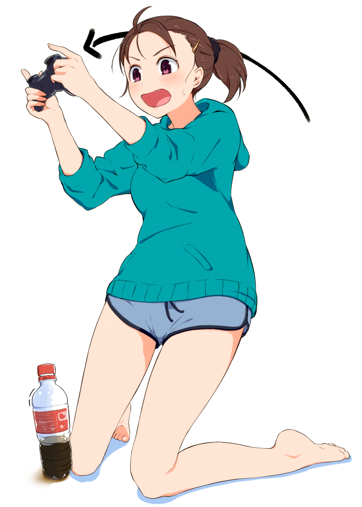 1girl, bottle, brown_hair, commentary_request, controller, directional_arrow, fang, hi_iro