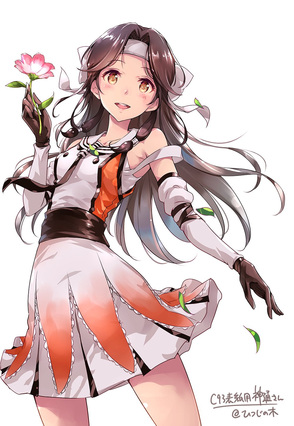 1girl, :d, bare_shoulders, brown_eyes, brown_gloves, brown_hair, cowboy_shot, detached_sleeves
