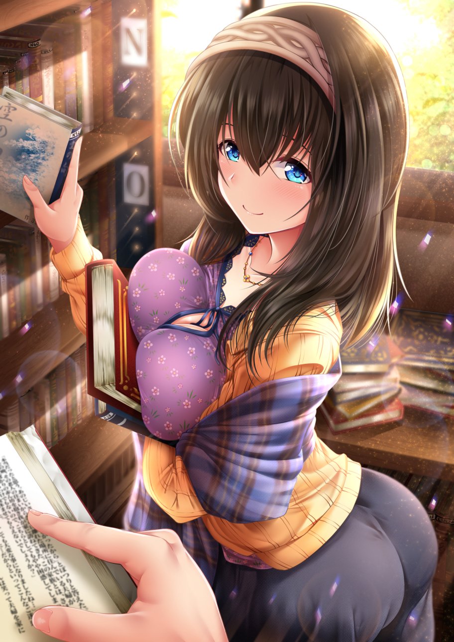 1girl, arched_back, ass, bangs, black_hair, blue_eyes, blush, book, bookshelf, breast_press, breasts, cleavage, collarbone, commentary_request, floral_print, garana, hair_between_eyes, hairband, highres, hips, holding, holding_book, idolmaster, idolmaster_cinderella_girls, jewelry, large_breasts, light_particles, light_rays, long_hair, looking_at_viewer, necklace, orange_sweater, purple_shirt, purple_skirt, ribbed_sweater, sagisawa_fumika, shawl, shirt, skirt, smile, sweater