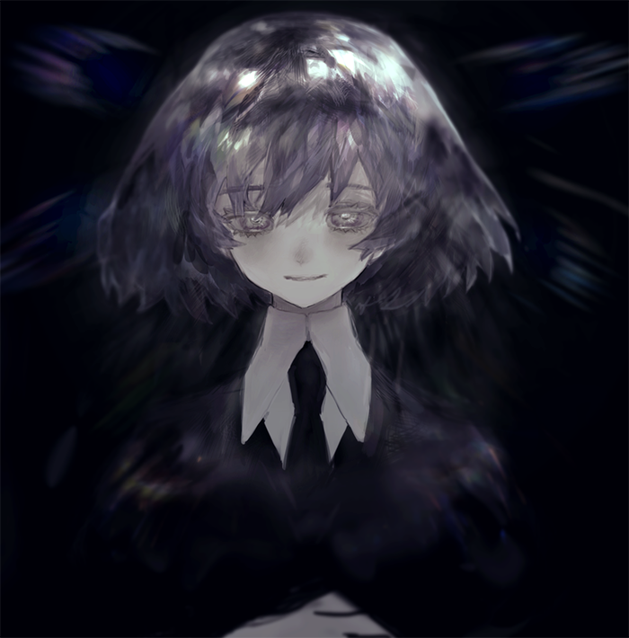 1other, androgynous, bangs, black_neckwear, black_shirt, closed_mouth, collared_shirt, dark