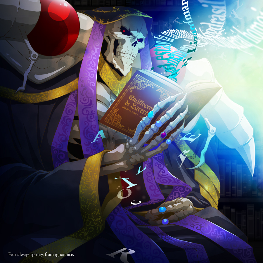 1boy, ainz_ooal_gown, black_sclera, book, claws, closed_mouth, english, holding