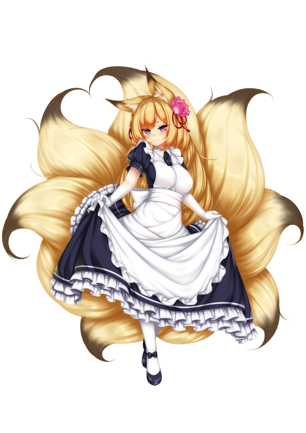 1girl, alternate_costume, animal_ears, blonde_hair, commentary_request, elbow_gloves, enmaided, flower