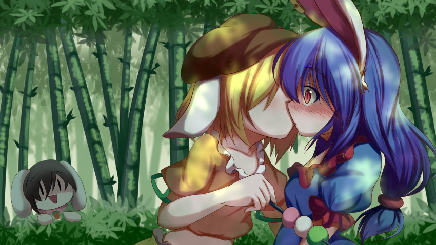 3girls, absurdres, animal_ears, bamboo, bamboo_forest, blue_dress, blue_hair, blush