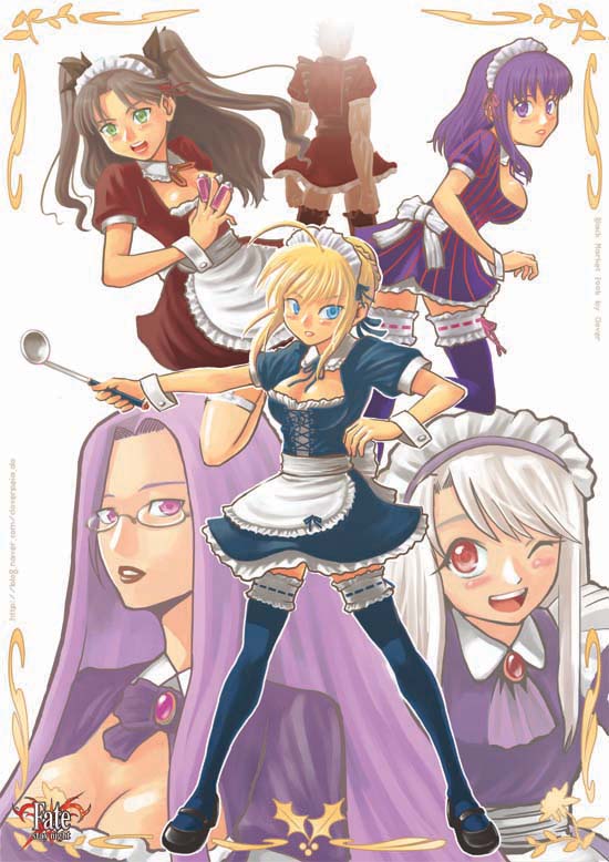 1boy, 5girls, archer, artoria_pendragon_(all), back, blonde_hair, breasts, brown_hair