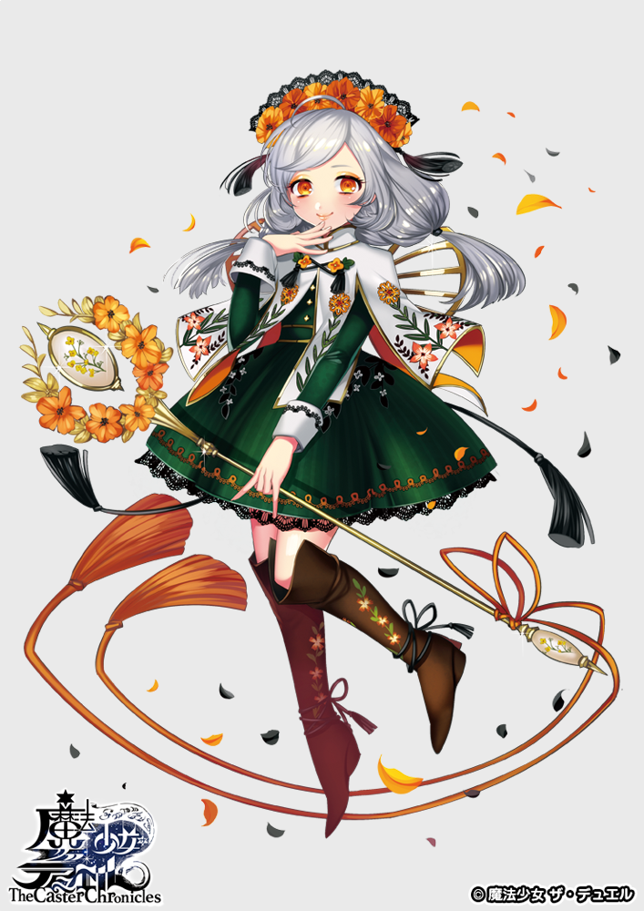 1girl, ahoge, blush, boots, brown_footwear, capelet, copyright_name, dress