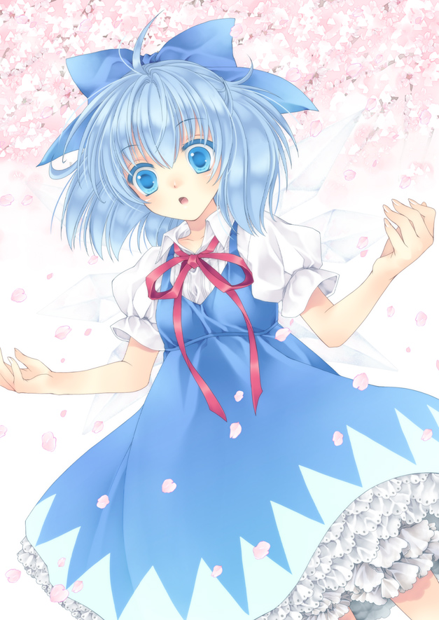bad_id, blue_eyes, blue_hair, bow, cherry_blossoms, cirno, dress, frills