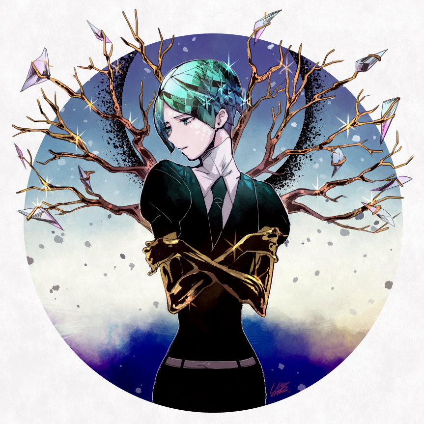 androgynous, aqua_eyes, aqua_hair, black_neckwear, branch, collared_shirt, commentary_request, crossed_arms, crystal, crystal_hair, gem_uniform_(houseki_no_kuni), gradient, gradient_background, houseki_no_kuni, necktie, phosphophyllite, puffy_sleeves, sad, shirt, short_hair, short_sleeves, signature, sparkle, spoilers, uniform, wa_no_mura, white_shirt