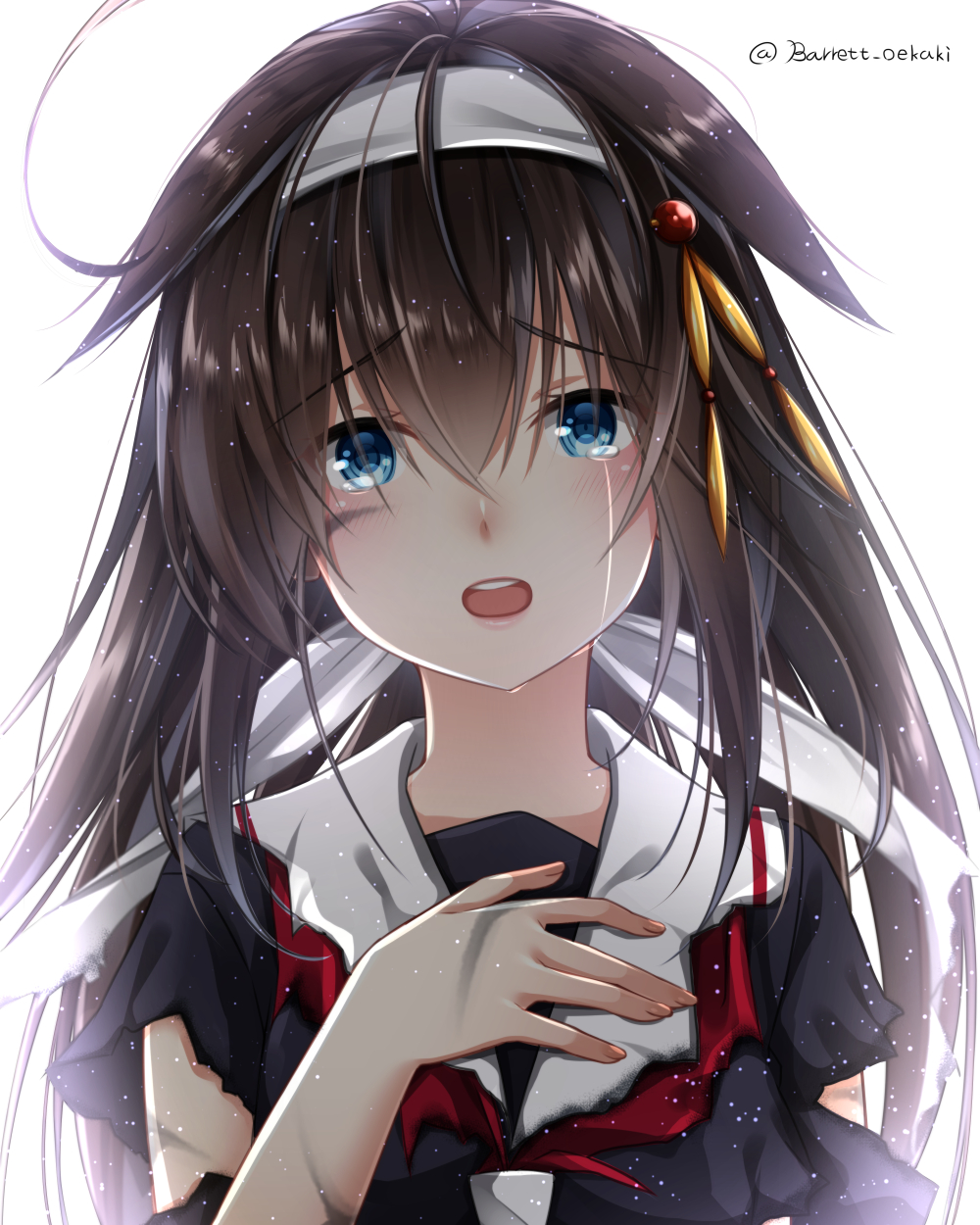 1girl, :o, alternate_hairstyle, bangs, baretto_(firearms_1), black_serafuku, blush, crying