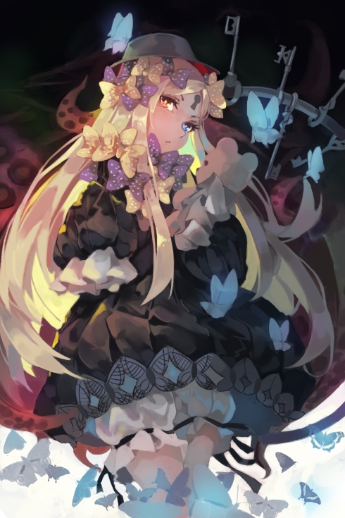 1girl, abigail_williams_(fate/grand_order), bangs, black_bow, black_dress, black_hat, blonde_hair, bloomers