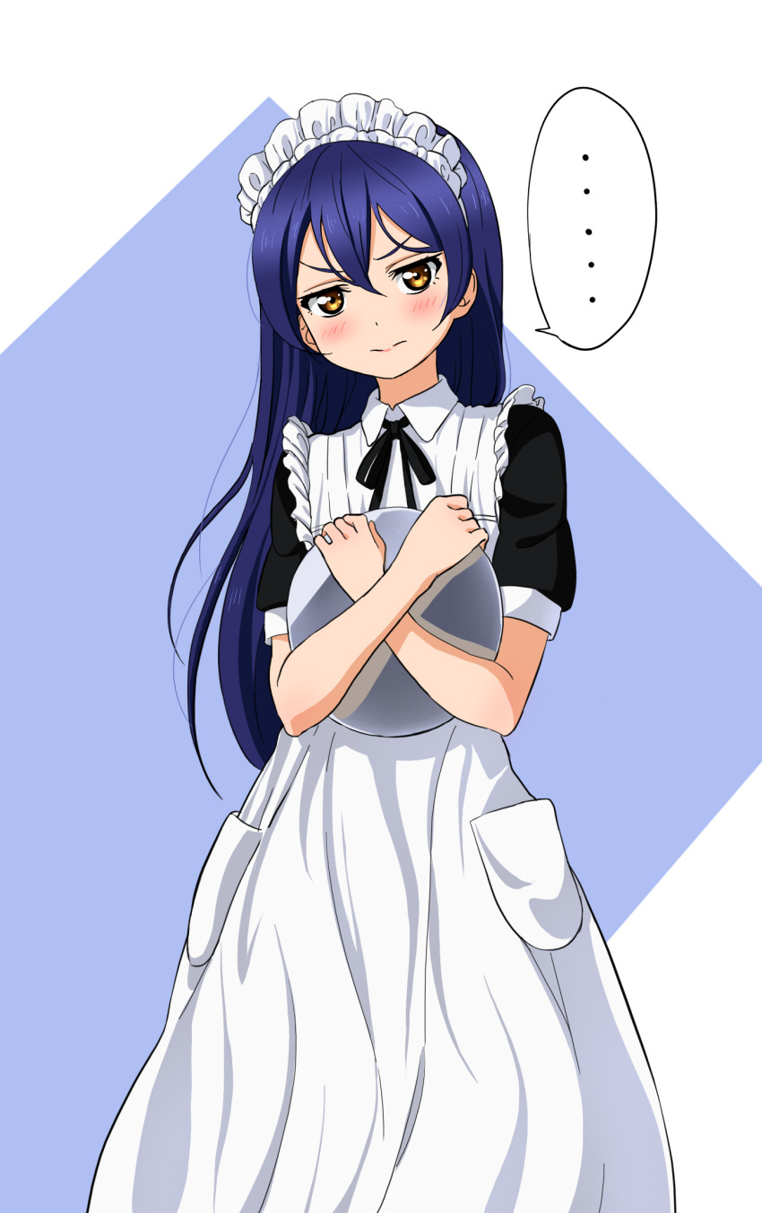 1girl, annoyed, apron, bangs, blue_hair, commentary_request, cowboy_shot, frills