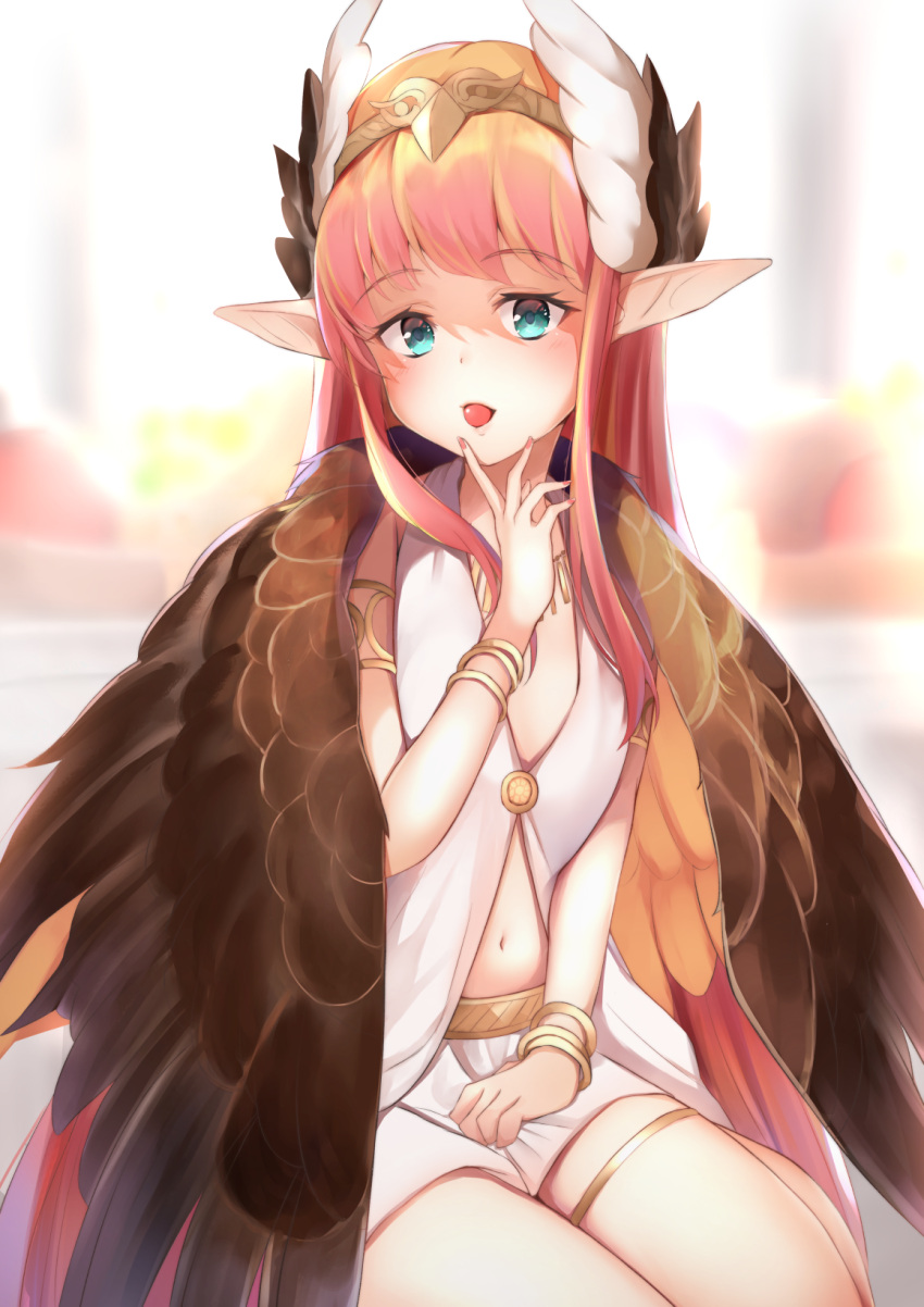 1girl, bangs, blue_eyes, blurry, blurry_background, blush, bracelet, brown_wings