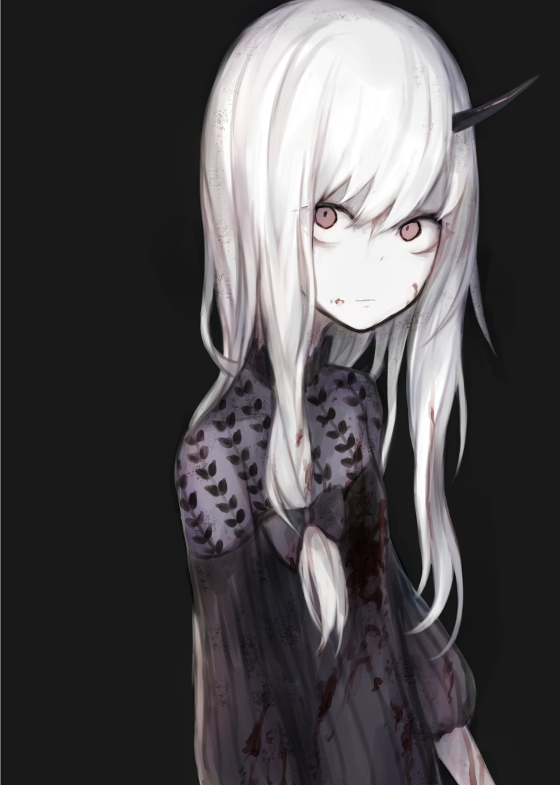 1girl, bags_under_eyes, bangs, black_background, black_bow, black_dress, blood, blood_on_face