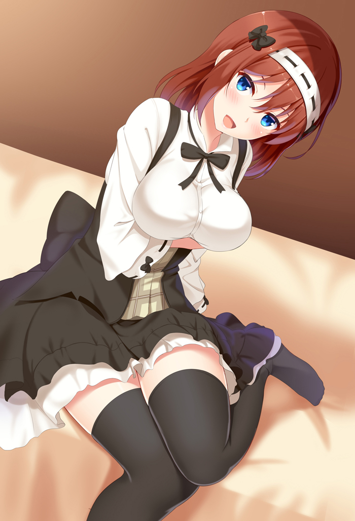 1girl, :d, bangs, bed, bed_sheet, black_bow, black_legwear, black_neckwear