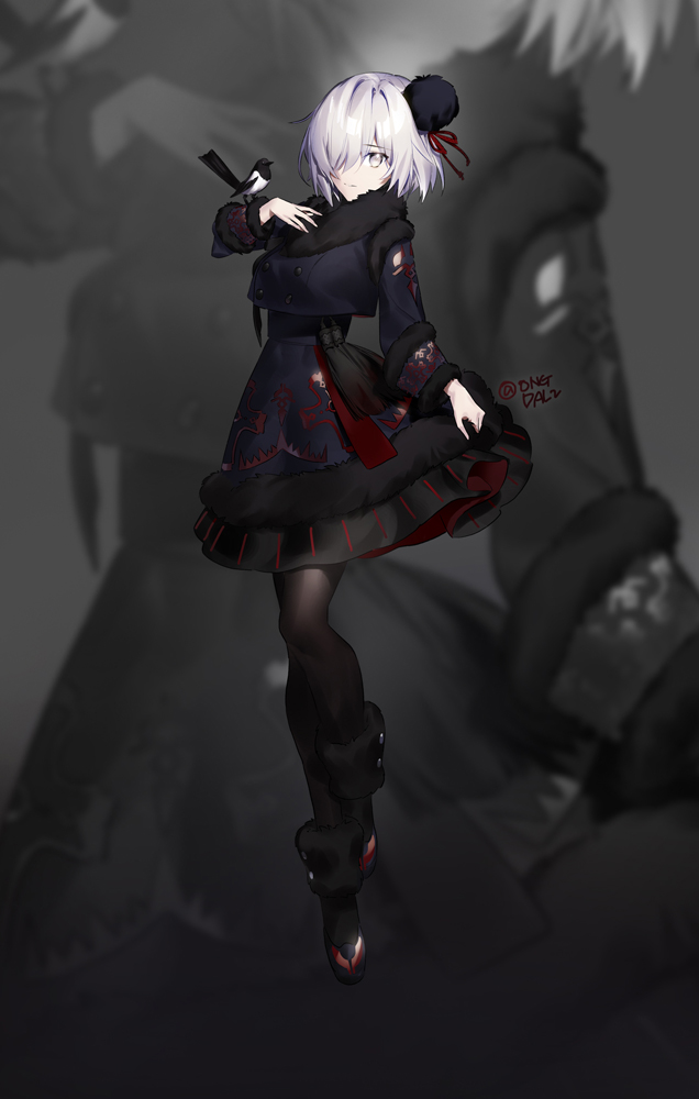 1girl, alternate_color, alternate_costume, animal, arm_at_side, bird, black_dress, black_footwear
