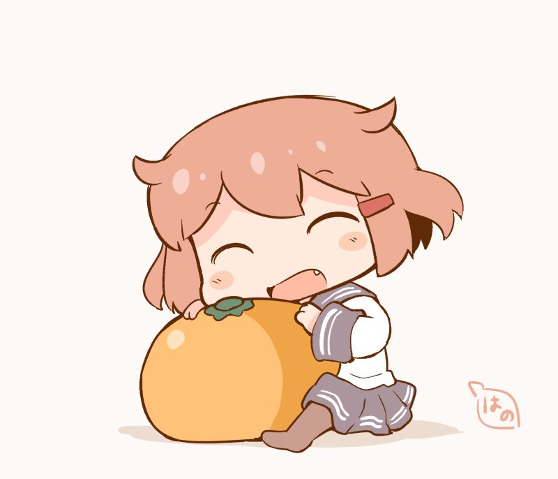 1girl, black_legwear, black_sailor_collar, black_skirt, brown_hair, chibi, closed_eyes, fang, food, fruit, hanomido, ikazuchi_(kantai_collection), kantai_collection, long_sleeves, mandarin_orange, open_mouth, oversized_object, pantyhose, pleated_skirt, school_uniform, serafuku, short_hair, simple_background, sitting, skirt, solo, white_background