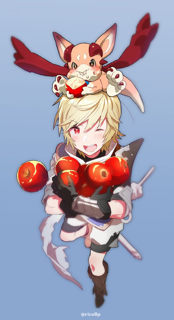 1boy, apple, arthur_(granblue_fantasy), blonde_hair, blue_background, carrying, dragon, eating