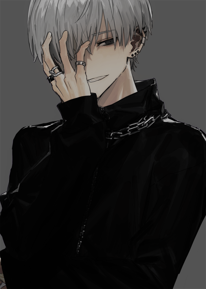 1boy, black_eyes, black_jacket, chains, earrings, grey_background, hair_over_one_eye, hirota_tsuu