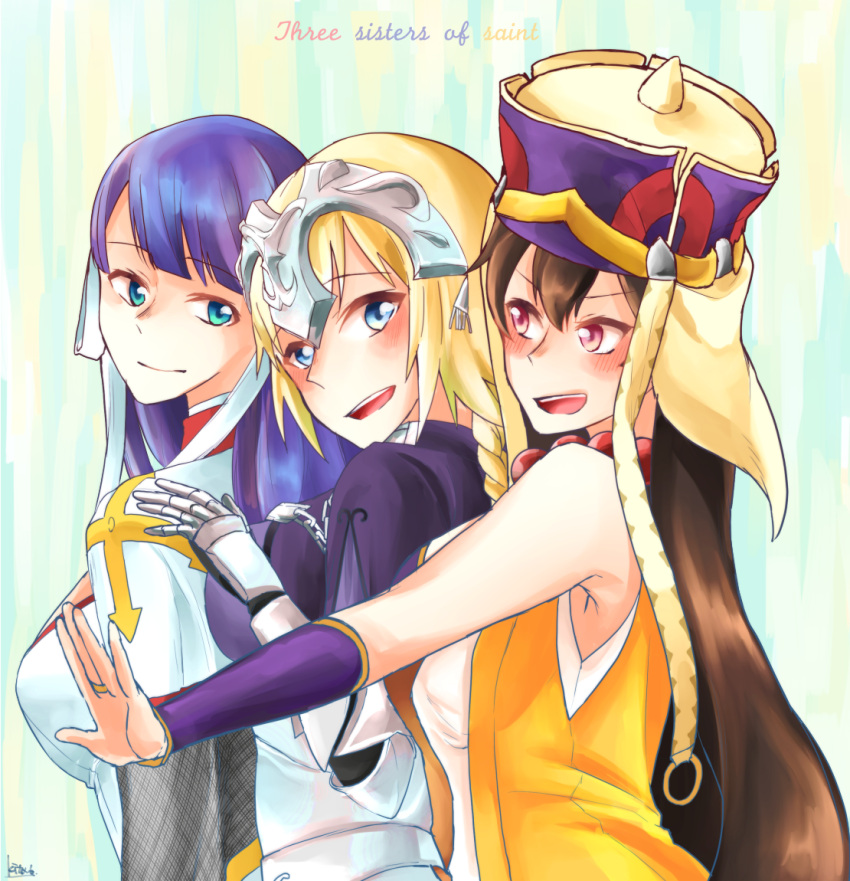 3girls, akaji_(alpha0107), aqua_eyes, bare_shoulders, blonde_hair, blue_eyes, braid, brown_eyes