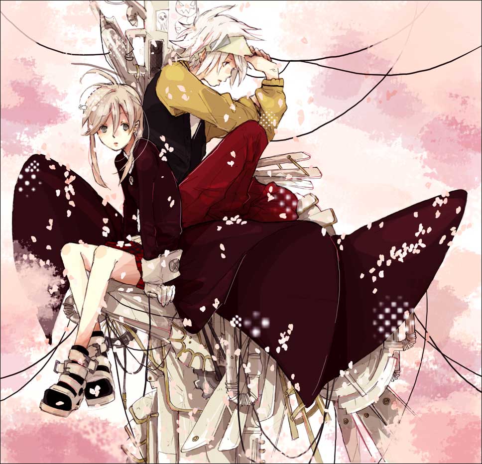 blonde_hair, cherry_blossoms, coat, gloves, green_eyes, katsura_miya, maka_albarn, mi_(pixiv295220)