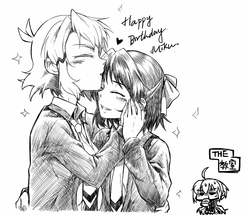 3girls, anpan, arm_around_back, birthday, bow, closed_eyes, eating, english